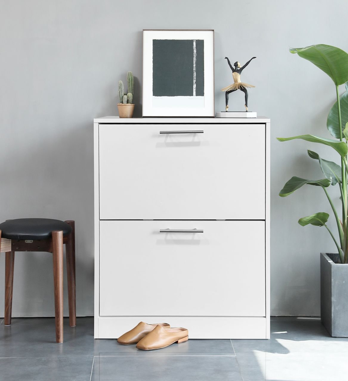 Schuhschrank mit Edelstahlgriffen und 2 Fächern, ca. 62x24x80 cm – Weiß