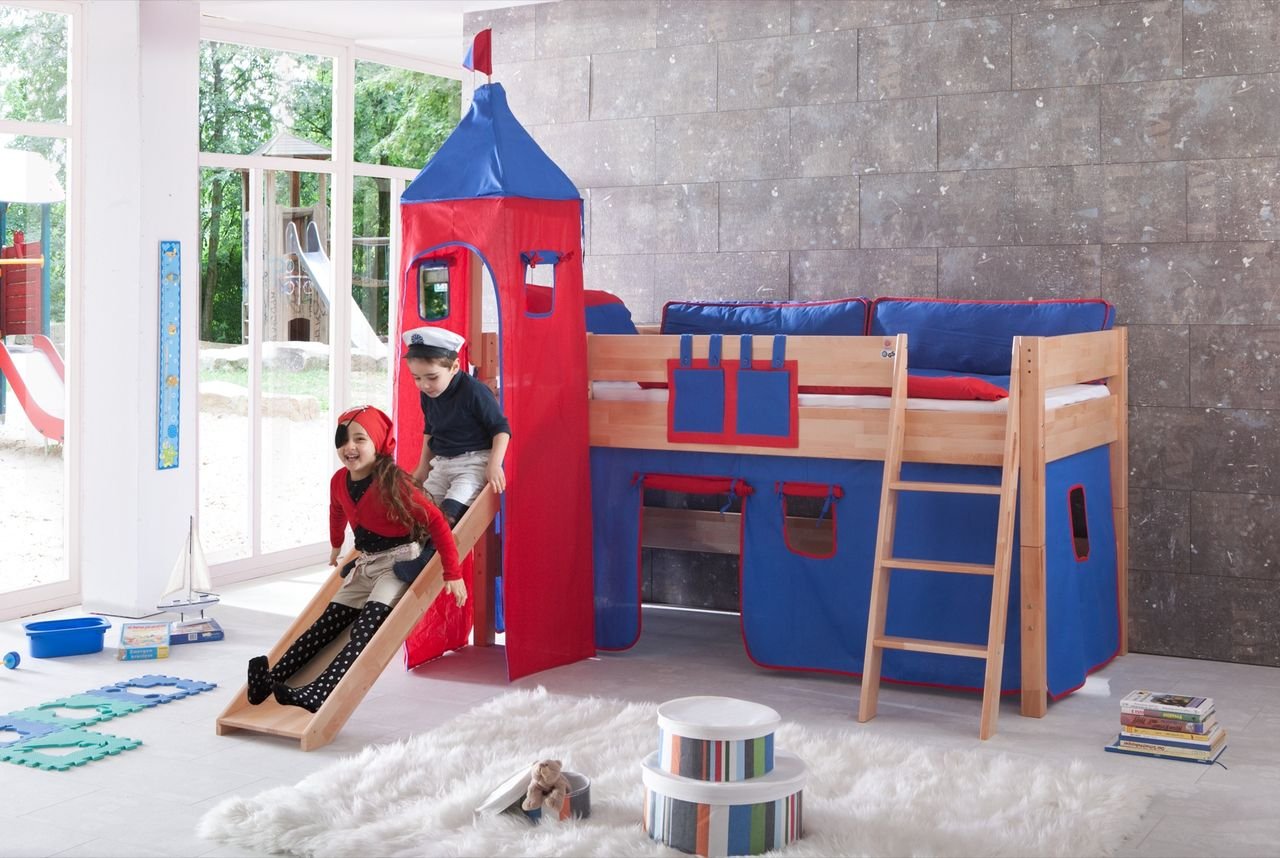 Spielbett KIM 90x200 cm, mit Rutsche und Turm Buche massiv natur lackiert Stoffset blau/rot