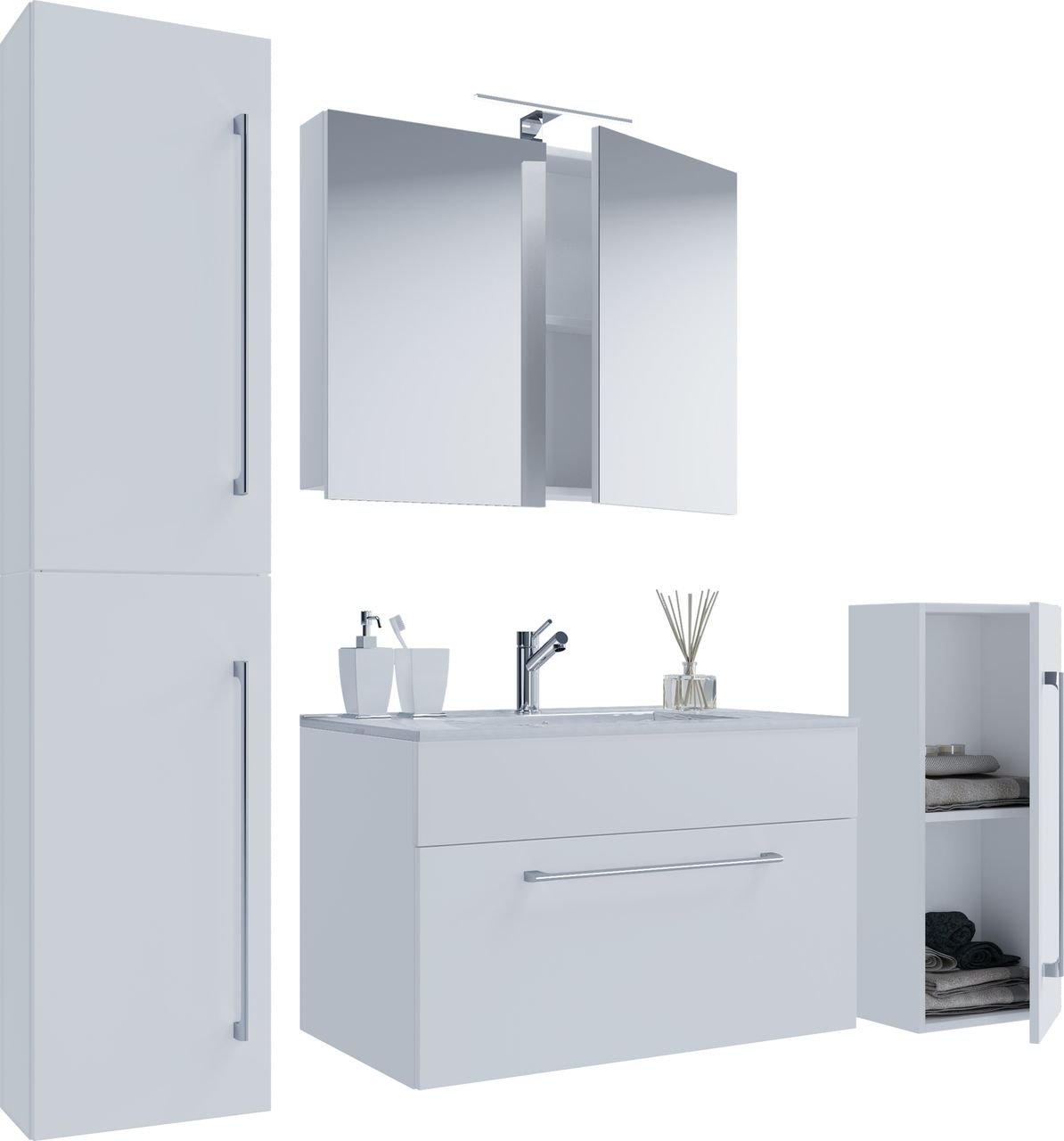 Thumbnail - 5-tlg. Waschplatz "Badinos 1 Schubfach" 60 cm | Mit Spiegelschrank + Midi-/Hochschrank Weiß