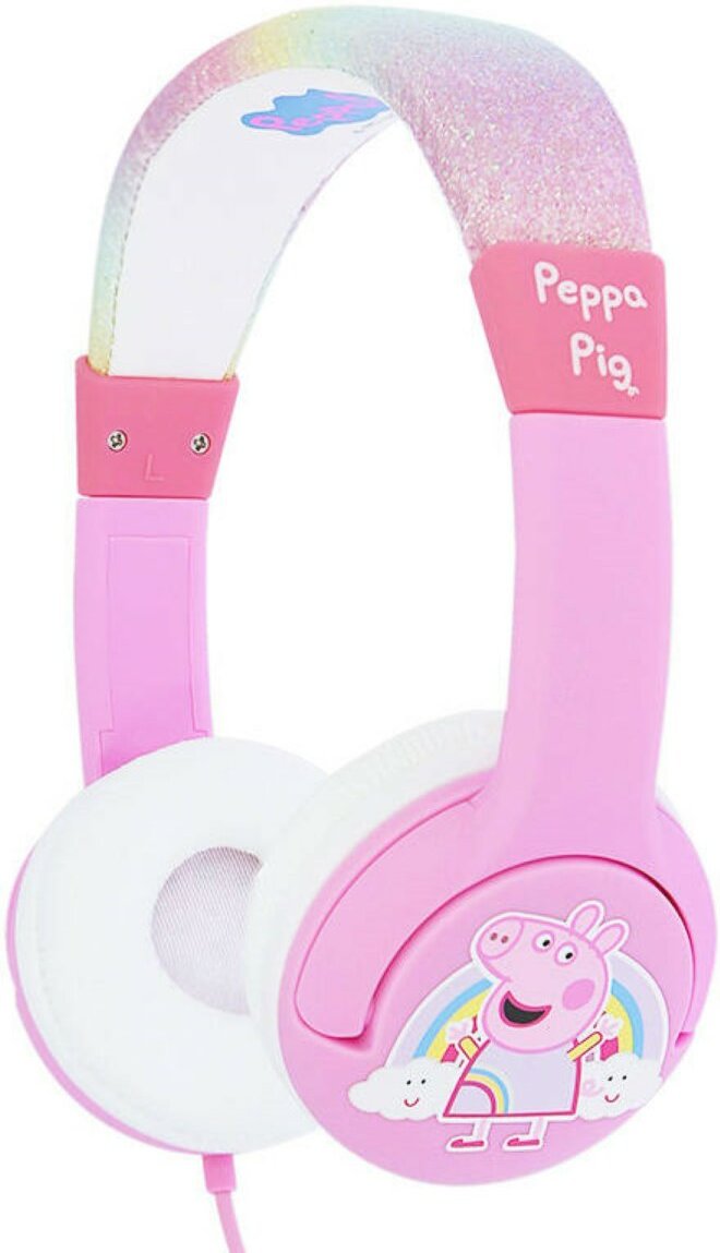 Kabelgebundene Kopfhörer für Kinder Pig Peppa mit Regenbogen und Glitzer pink