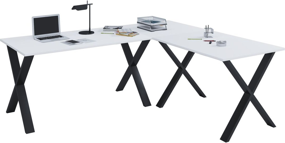 Eck-Schreibtisch "Lona" 220x160x80 X-Füße Weiß/Schwarz