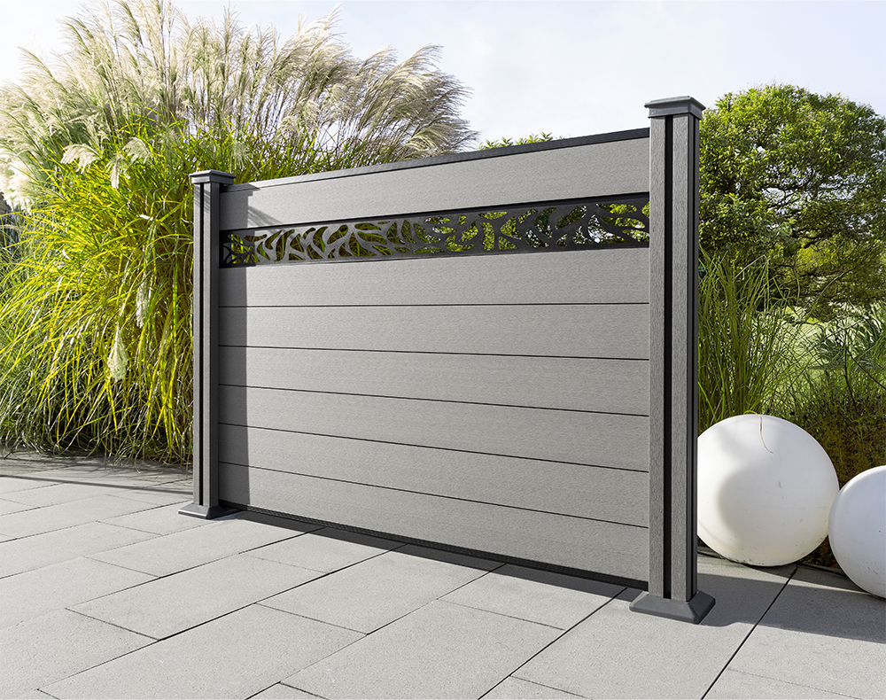 WPC-Sichtschutzzaun Valla - mit Design 1x Element + 2x Pfosten - Grau