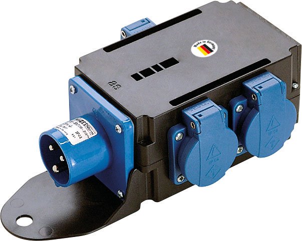 Camping Stromverteiler mit CEE Stecker und 3 x Schukosteckdosen spritzwassergeschützt