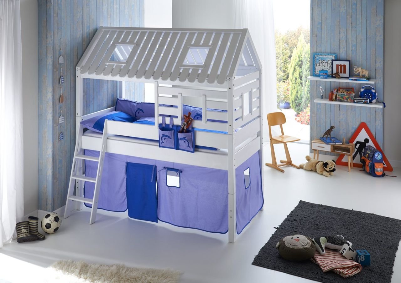 Spielbett Tom´s Hütte und Bett Kim Buche massiv weiß lackiert. Textilset blau/delfin