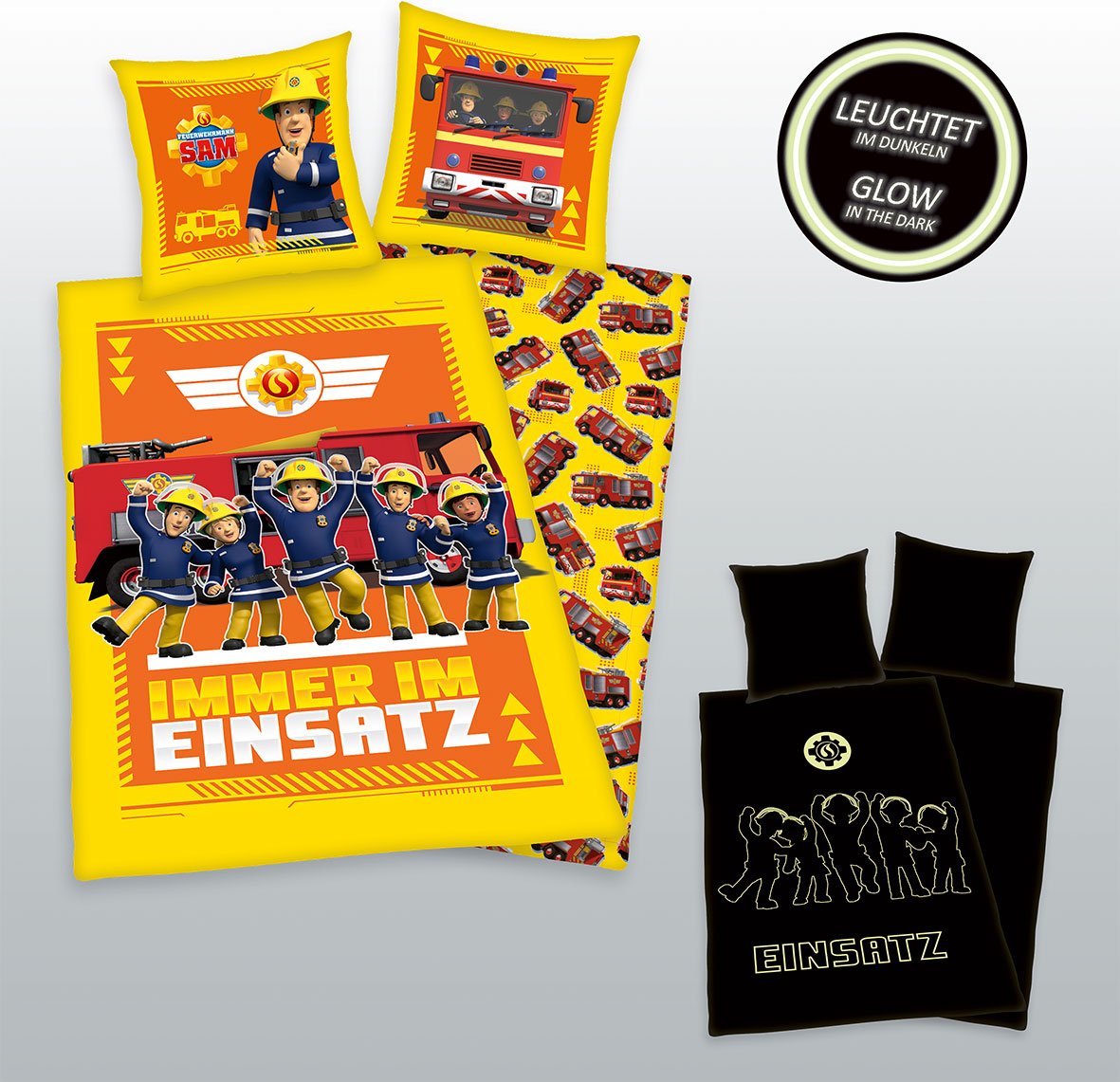 Feuerwehrmann Sam Glow in the dark Bettwäsche Größe 80x80 + 135x200 cm