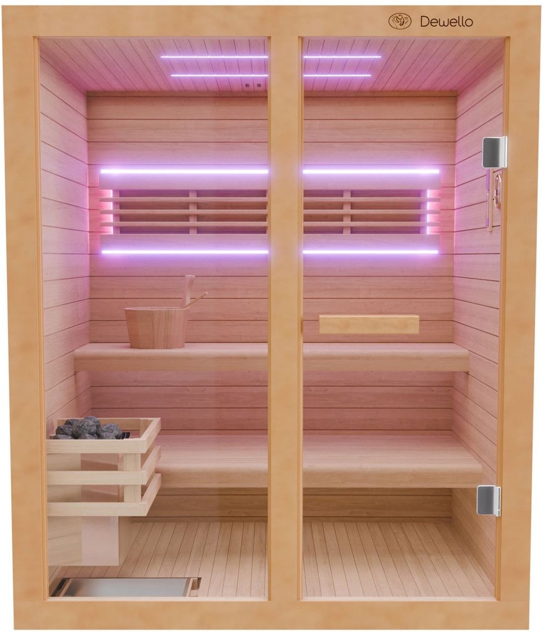 Finnische Sauna TOFINO 160x150 Kabine aus Hemlock Tannenholz mit 4,5 kW Harvia Ofen