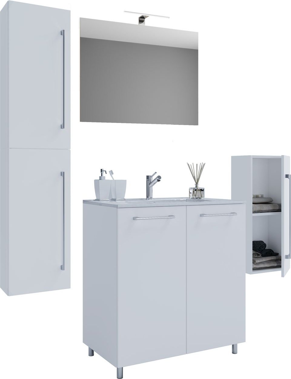 Thumbnail - 5-tlg. Stand-Waschplatz "Badinos 2 Drehtüren" 80 cm | Mit Spiegel + Midi-/Hochschrank Weiß