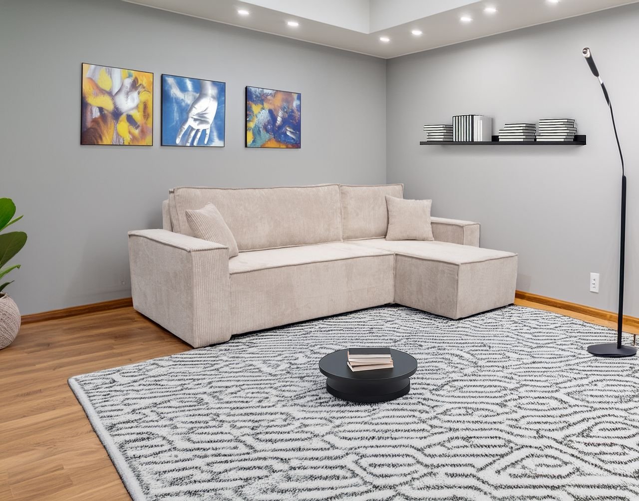 Wohnlandschaft Ecksofa Creme COMO Cord mit Bett Sofa Schlafsofa Ottomane rechts links universell