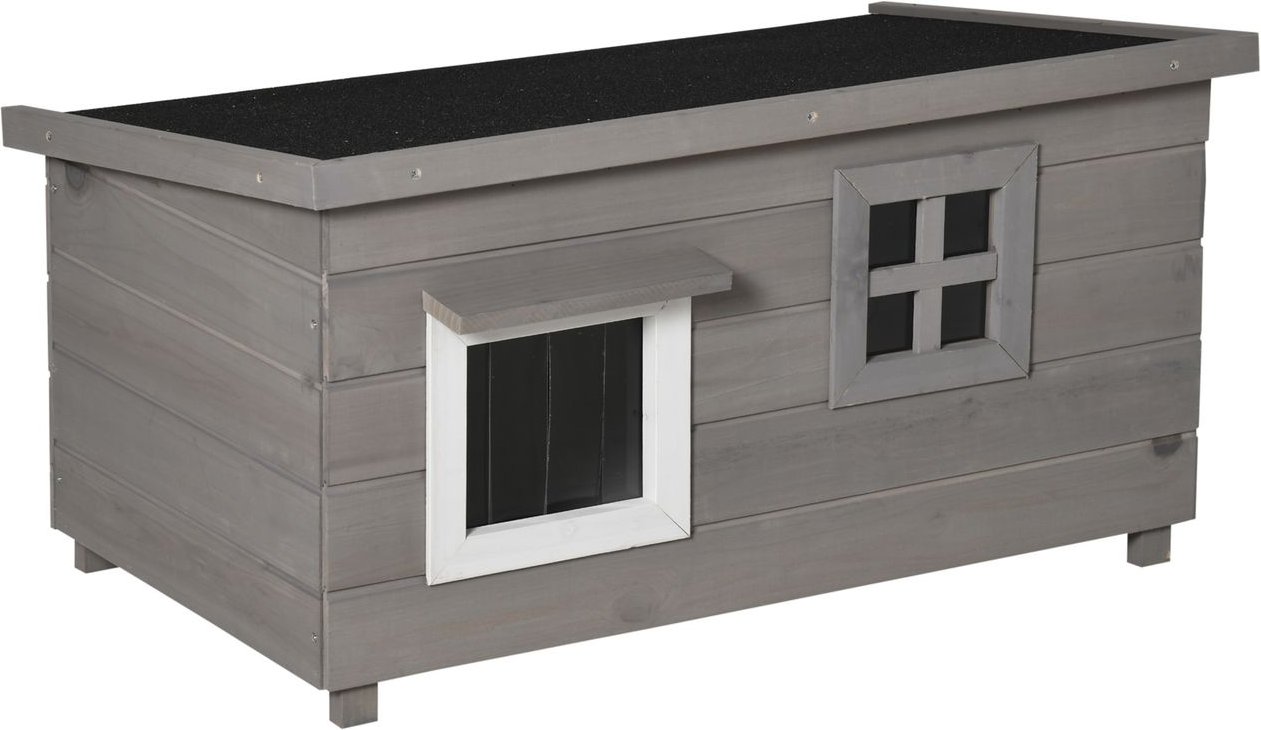 Katzenhaus Katzenhütte mit Asphaltdach Fenster Winterfest Tannenholz Grau