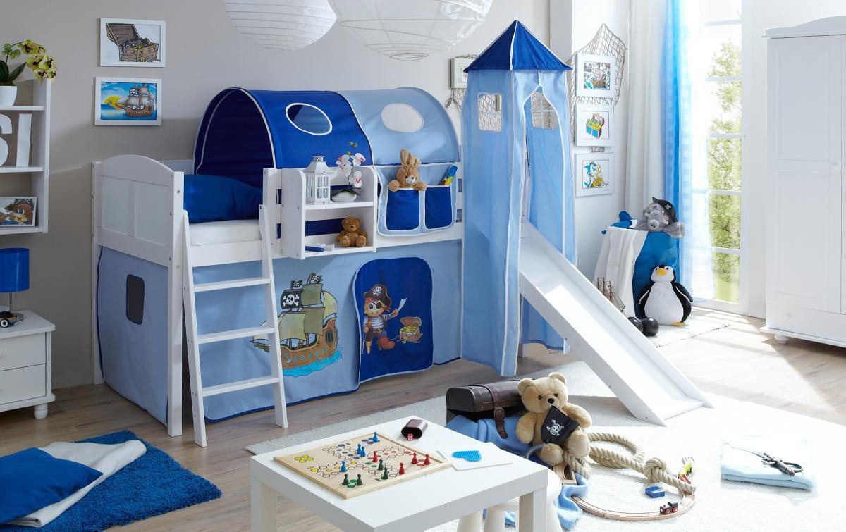 Rutschbett mit Turm "Ekki" Country Kiefer weiß "Pirat hellblau-dunkelblau"