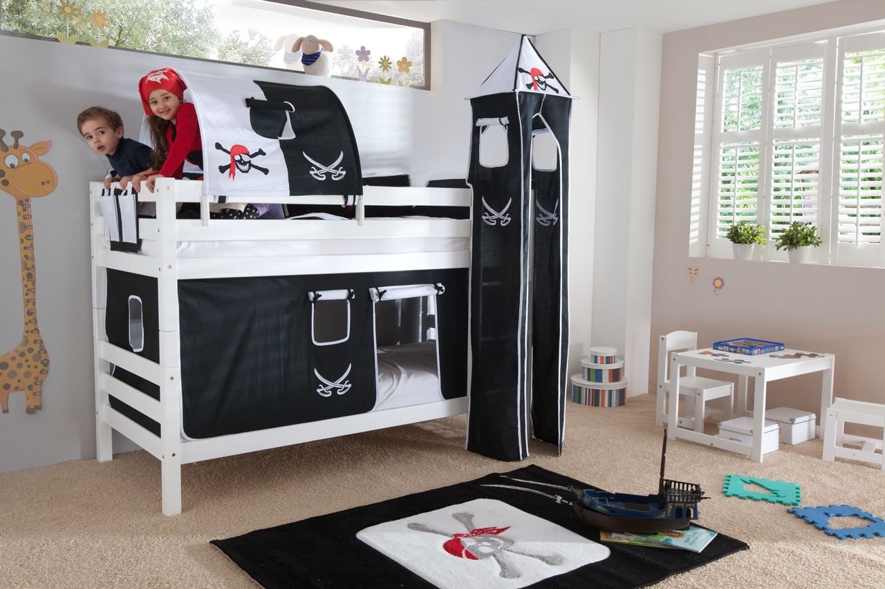 Etagenbett BENI Buche massiv weiß lackiert mit Textilset Pirat