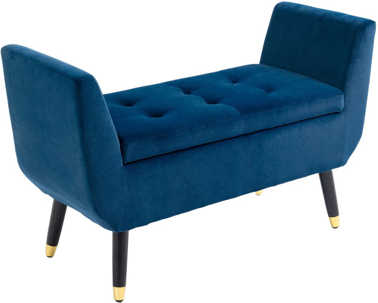Luxus Sitzbank Polsterbank mit Stauraum Samtartiges Polyester Gummiholz Blau 107 x 42 x 65 cm