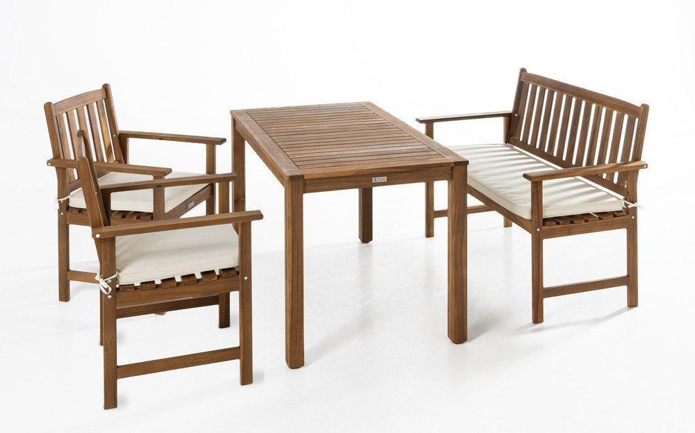 Garten Dining Set mit Bank und 2 Stühlen, ca. 125 x 75 cm – Braun mit weißen Kissen