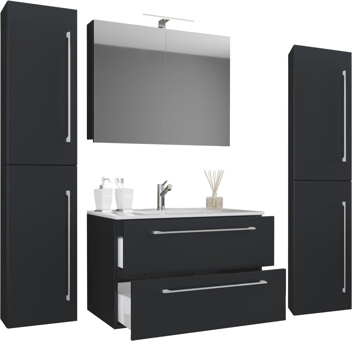 5-tlg. Waschplatz "Badinos 2 Schubfächer" 80 cm | Mit Spiegelschrank + Hochschränke Schwarz