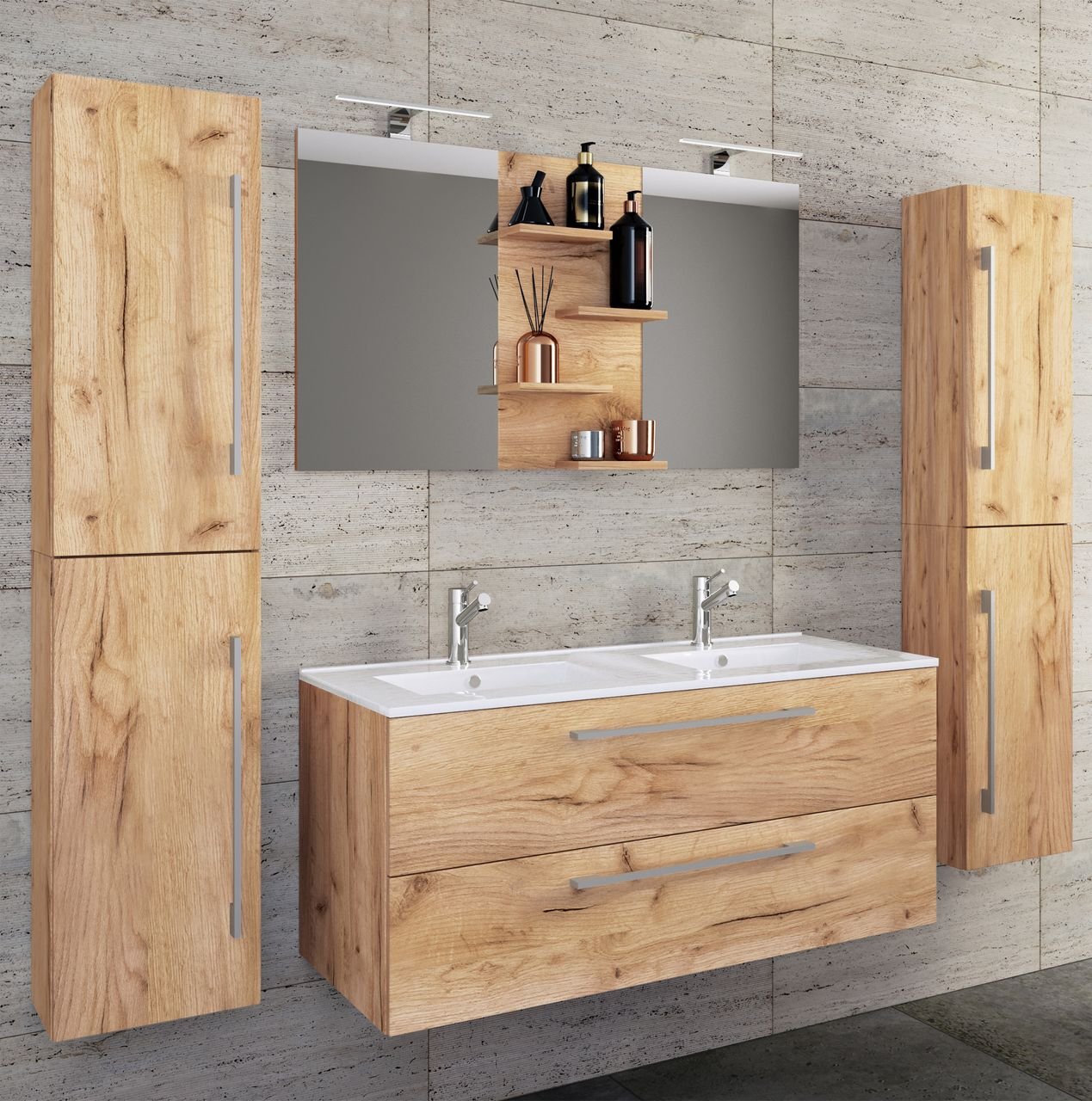 5-tlg. 5-tlg. Waschplatz Budasi Spiegel mit 2 Hochschränken Honig-Eiche