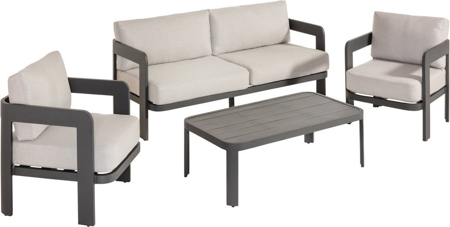4 tlg. Gartenlounge mit Tisch 2 Sessel & 3-Sitzer Bank aus  Aluminium RIAD M - Anthrazit