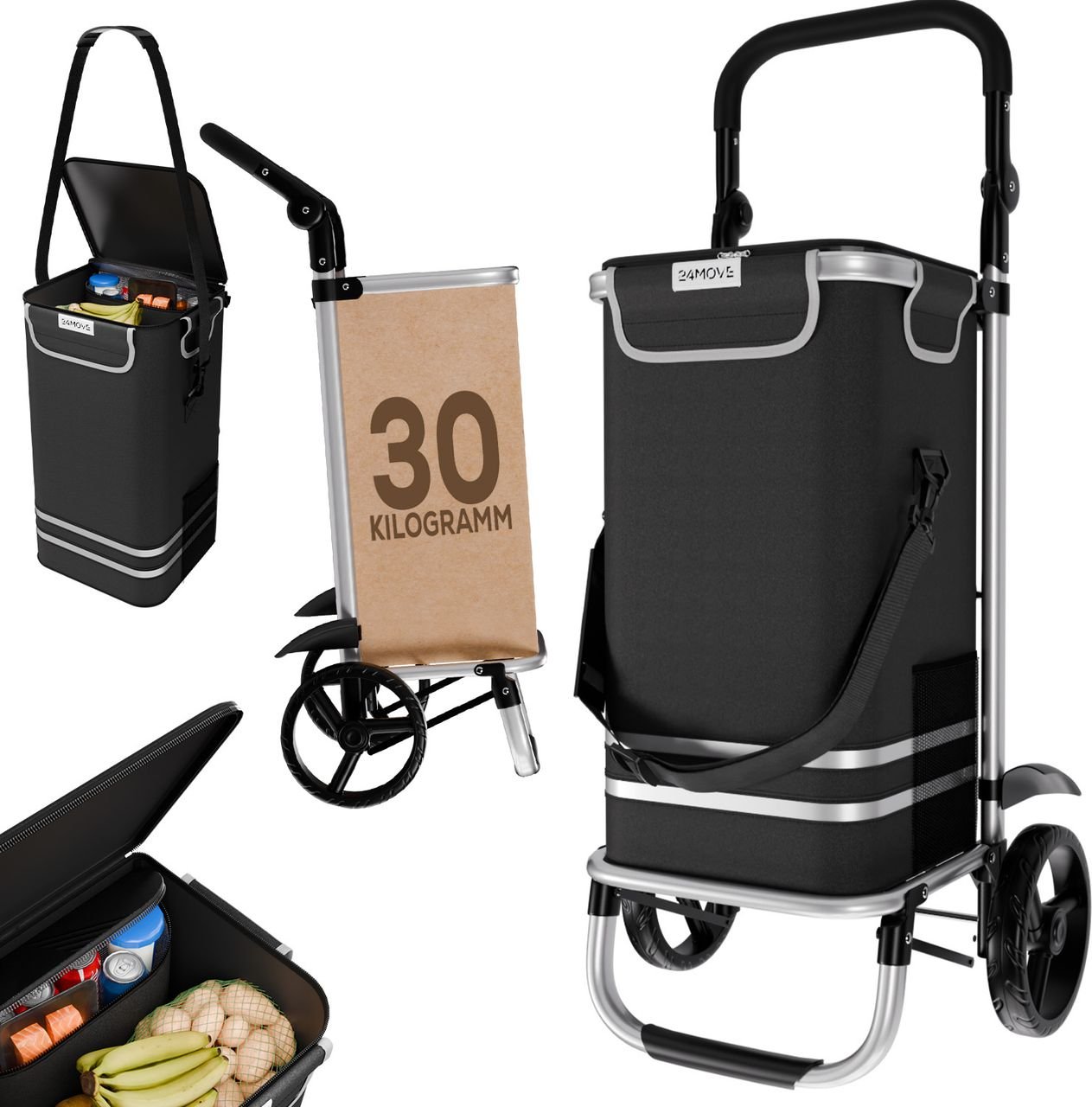 Einkaufstrolley mit Aluminium, 55¿L, Kühltasche, 30¿kg Tragkraft, klappbar, schwarz