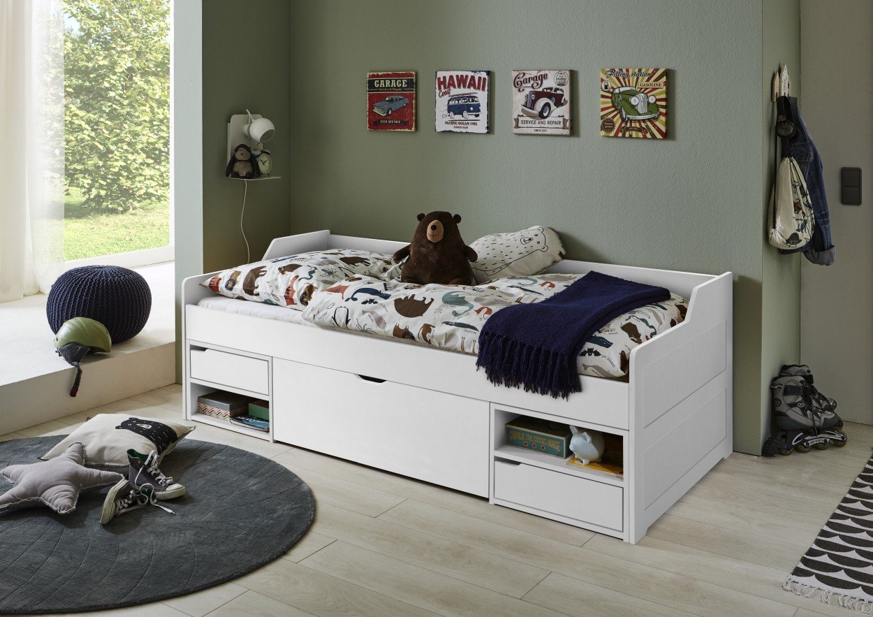 RELITA - Kojenbett LEVI 90x200 Buche massiv weiß lackiert, inkl. Rollrost, 3 Schubladen, 2 Fächer
