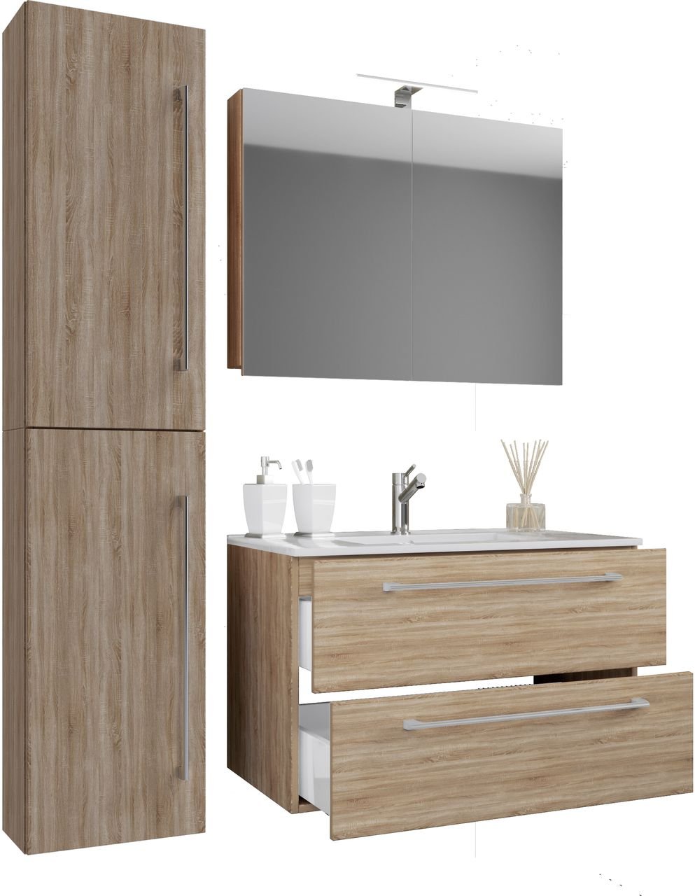 Waschplatz Badinos 80 cm Spiegelschrank & Hochschrank 4-tlg. Sonoma-Eiche