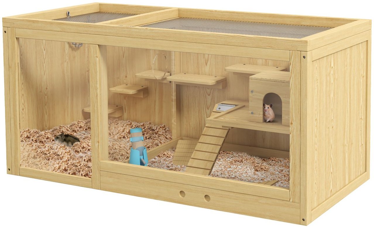 PawHut Hamsterkäfig aus Holz Kleintierkäfig Spielhaus für Gerbils mit Schaukeln