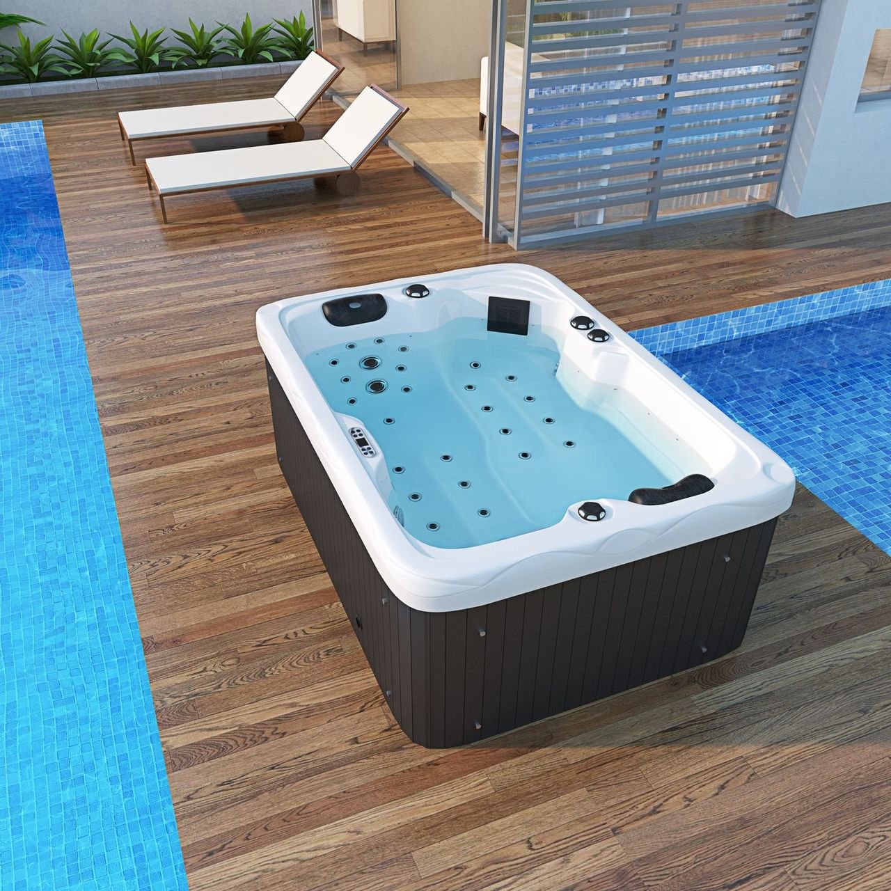Outdoor Whirlpool LEVANZO inkl. 190x135cm Heizung, Hydromassage, LED - inkl. Thermoabdeckung