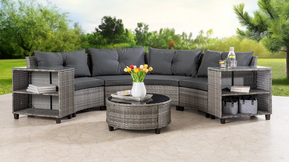 runder Garten-Sofagarnitur Loungeset mit 2 Seitenablagen 15 tlg. - Grau