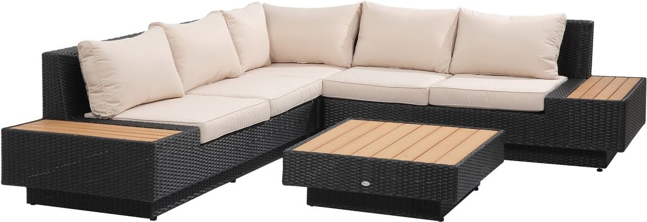 4-tlg. Gartengarnitur inkl. Ablagen, Beistelltisch und Sitzkissen - Schwarz