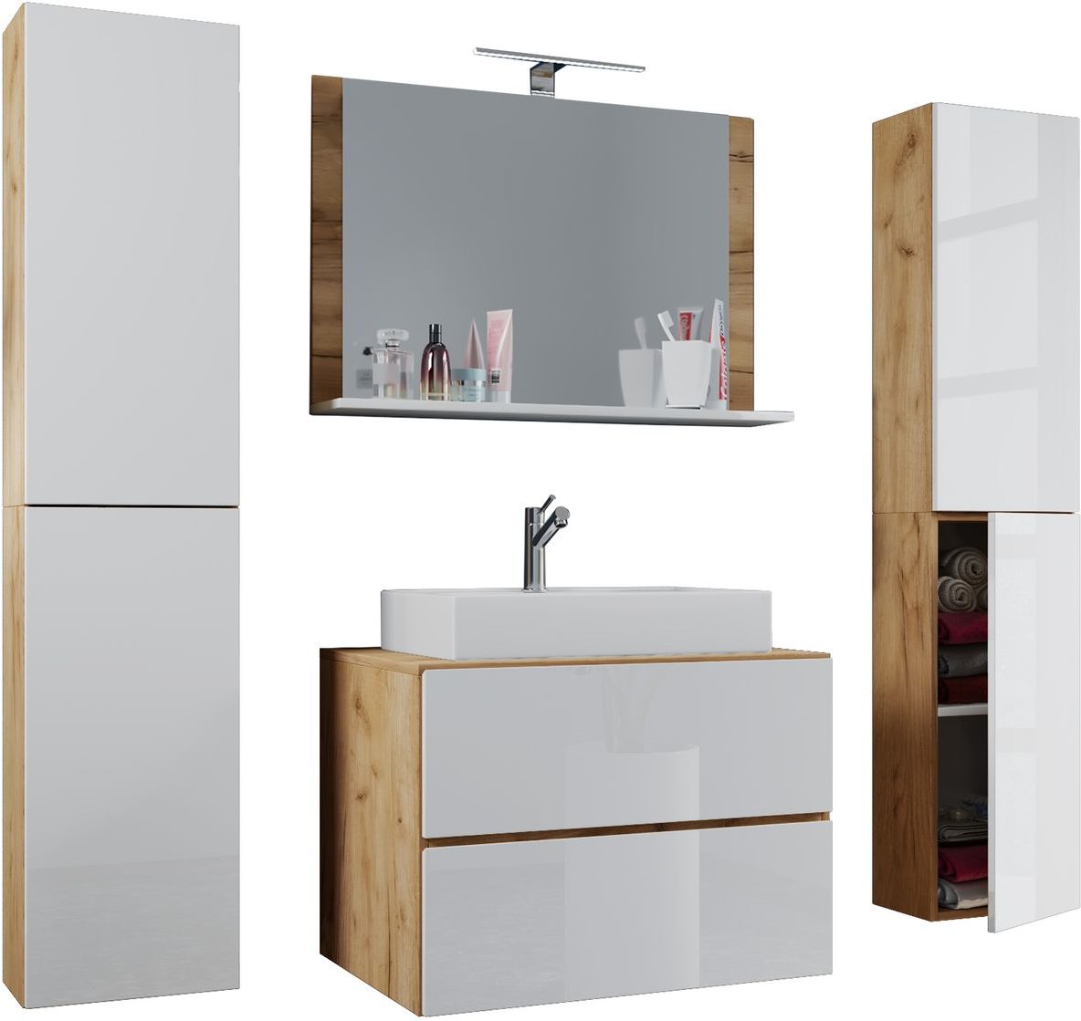 Thumbnail - Badblock Lendas XL 80cm Unterschrank + Spiegel + 2 Seitenschränke Honig-Eiche/Weiß