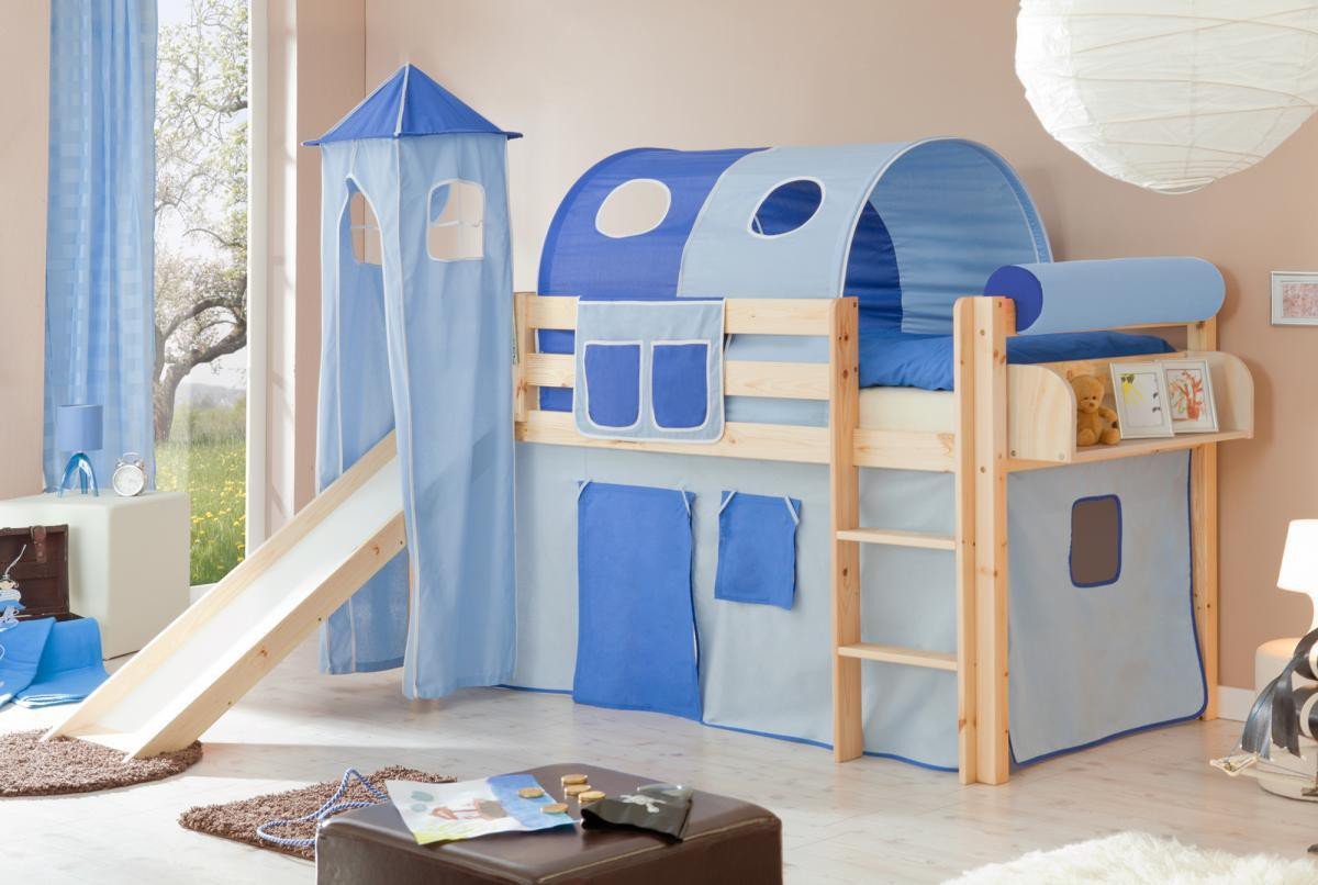 Rutschbett mit Turm "Kasper" Kiefer Natur "hellblau-dunkelblau"