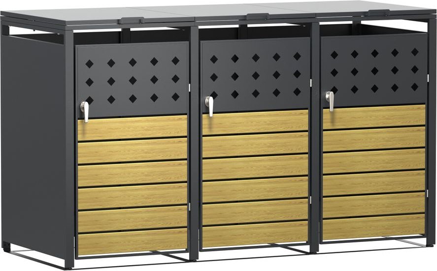 3er Mülltonnenverkleidung in Holzoptik, ca. 196 x 80 x 116 cm - Anthrazit