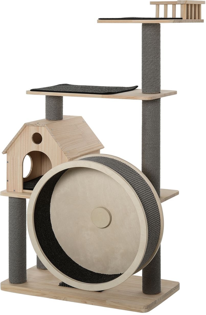 Thumbnail - Katzenbaum mit Laufrad, 4-Stock Kratzbaum, Katzenhaus mit Sisalsäulen, Katzenhöhle, Massivholz 80 x 50 x 143 cm