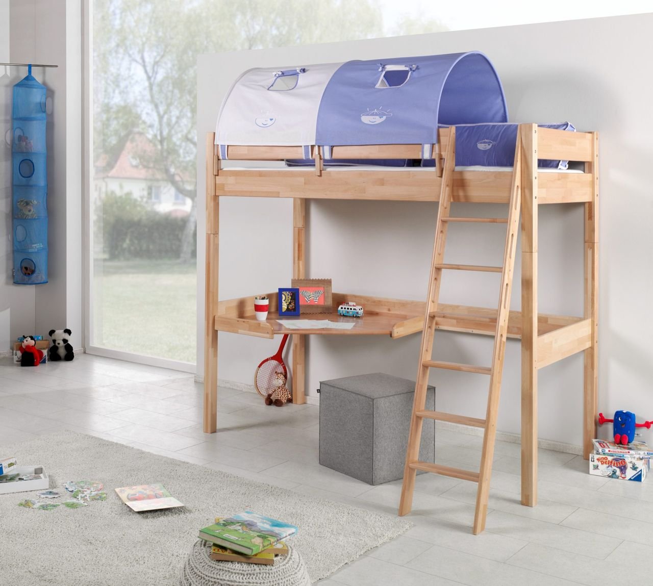 Hochbett RENATE Buche massiv natur lackiert, mit Schreibtisch und Tunnel