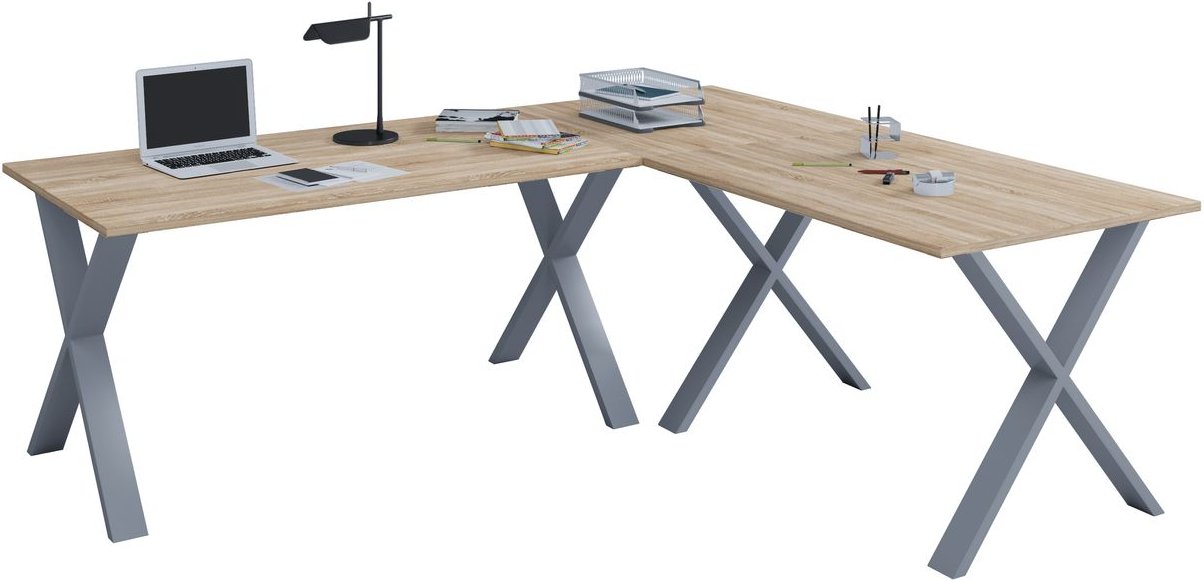 Eck-Schreibtisch "Lona" 190x130x50 X-Füße Sonoma-Eiche/Silber