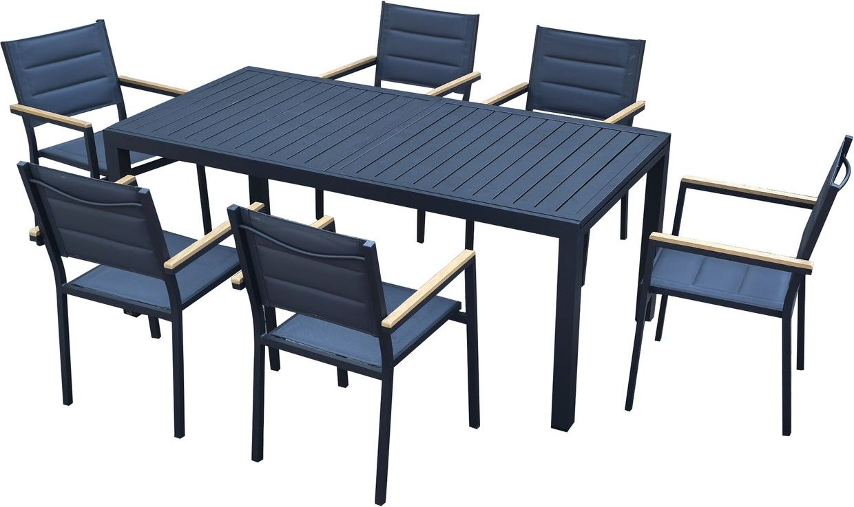 7-tlg. Alu-Sitzgruppe mit Teleskoptisch & 6 Stapelstühlen – Anthrazit