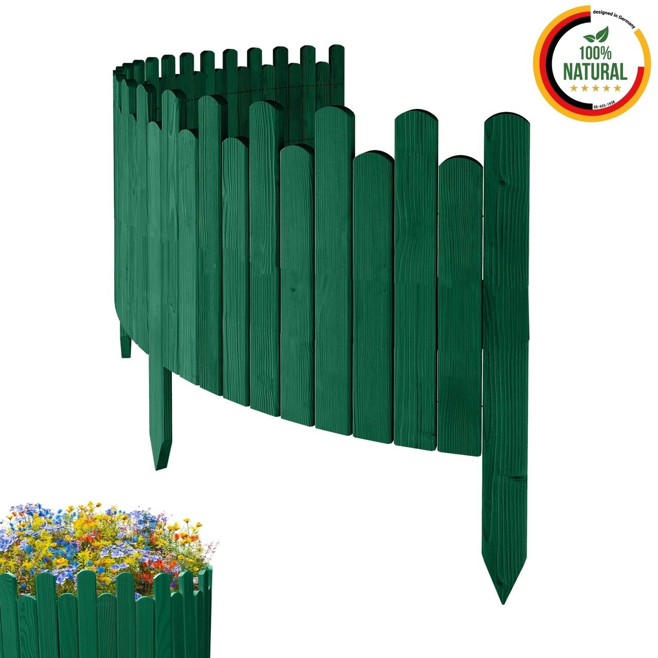 Beeteinfassung Rasenkante 200cm Flexibler Gartenzaun Rollzaun Palisade Höhe 40 cm, Grün