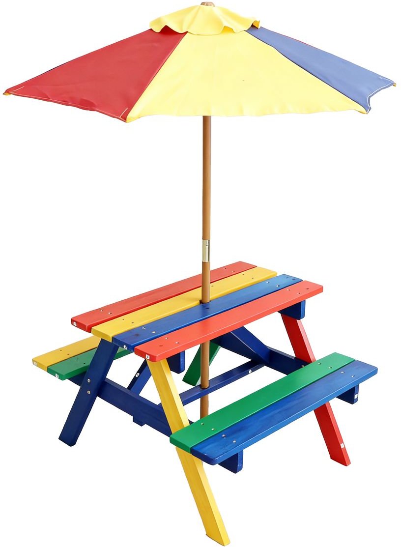 Outdoor Kindersitzgruppe aus Tannenholz inkl. Schirm, ca. 71 x 79 x 54 cm - Bunt