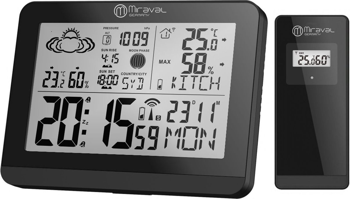 Thumbnail - Moderne Design Funk-Wetterstation mit Aussensensor bennenbar Mondphase Sonnenaufgang