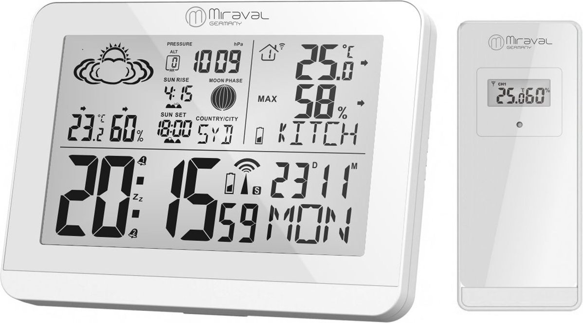 Thumbnail - Moderne Design Funk-Wetterstation mit Aussensensor bennenbar Mondphase Sonnenaufgang