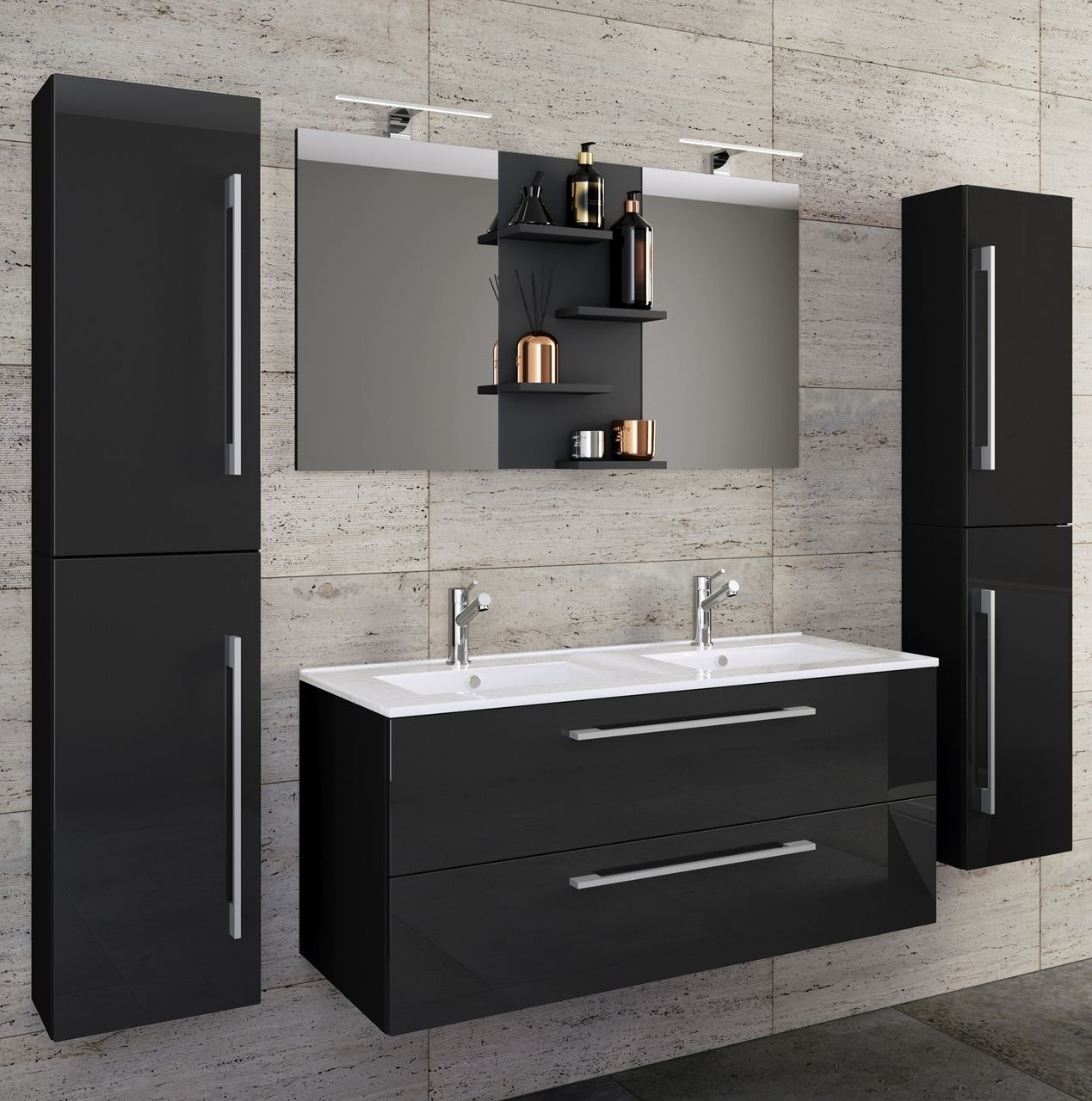 5-tlg. Waschplatz Budasi Spiegel mit 2 Hochschränken Schwarz