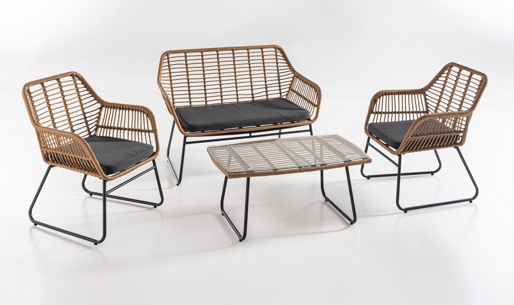 Lounge-Set 7tlg.helles Rattan mit Sitzkissen - Grau