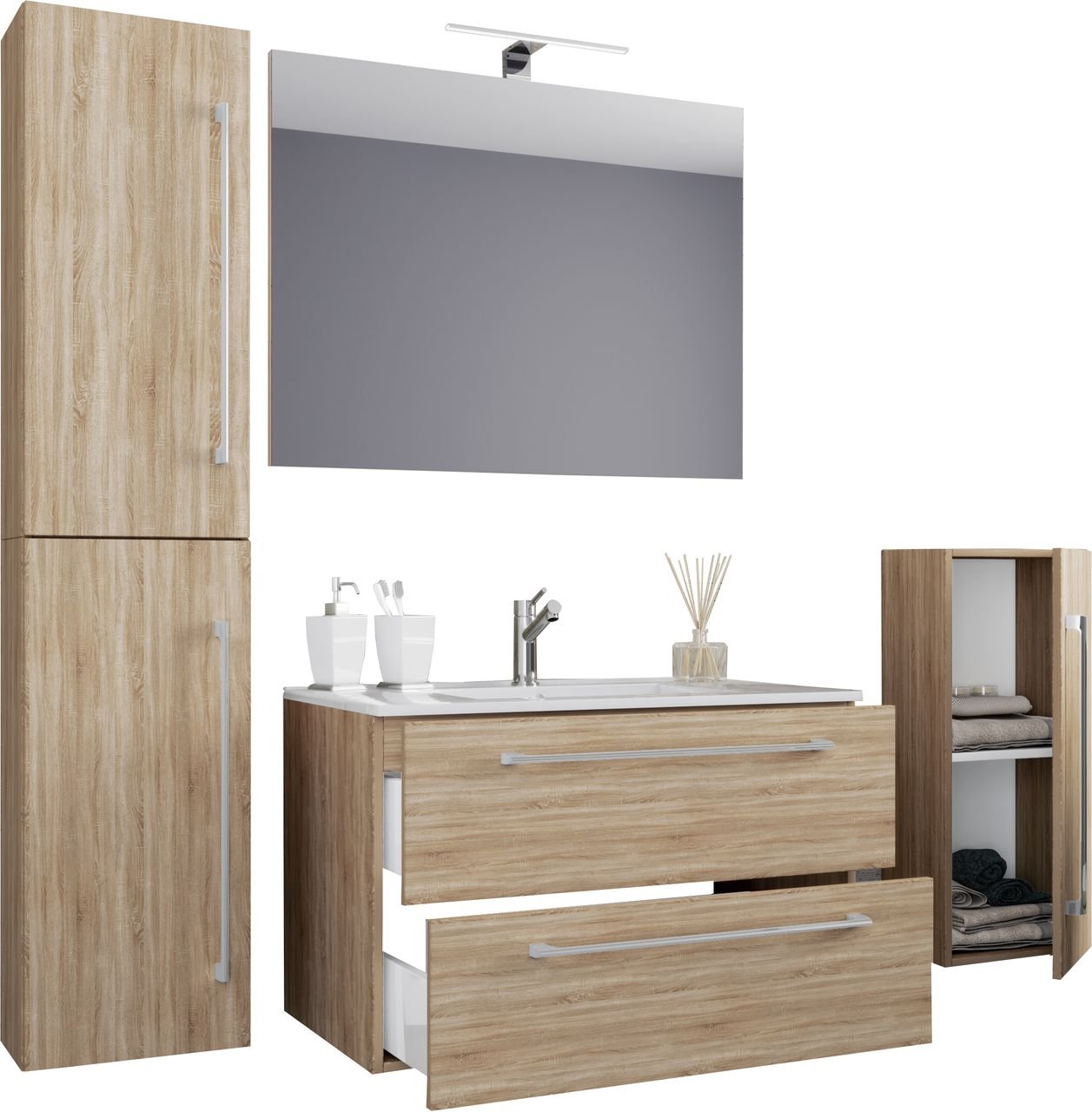 5-tlg. Waschplatz "Badinos 2 Schubfächer" 80 cm | Mit Spiegel und Midi- / Hochschrank Sonoma-Eiche