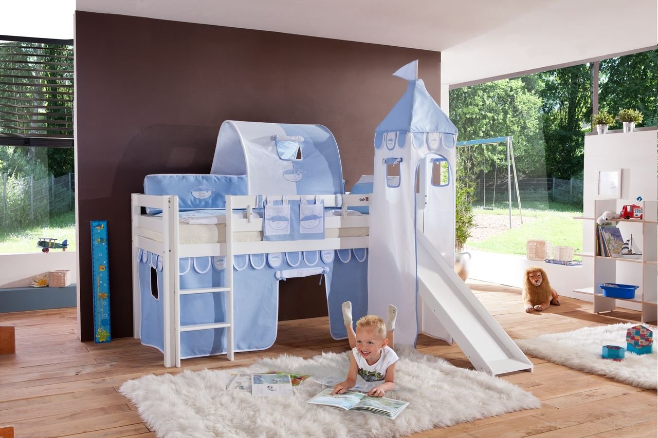 Thumbnail - Halbhohes Spielbett ALEX mit Rutsche/Turm/Tunnel Buche massiv weiß lackiert mit Stoffset blau/boy