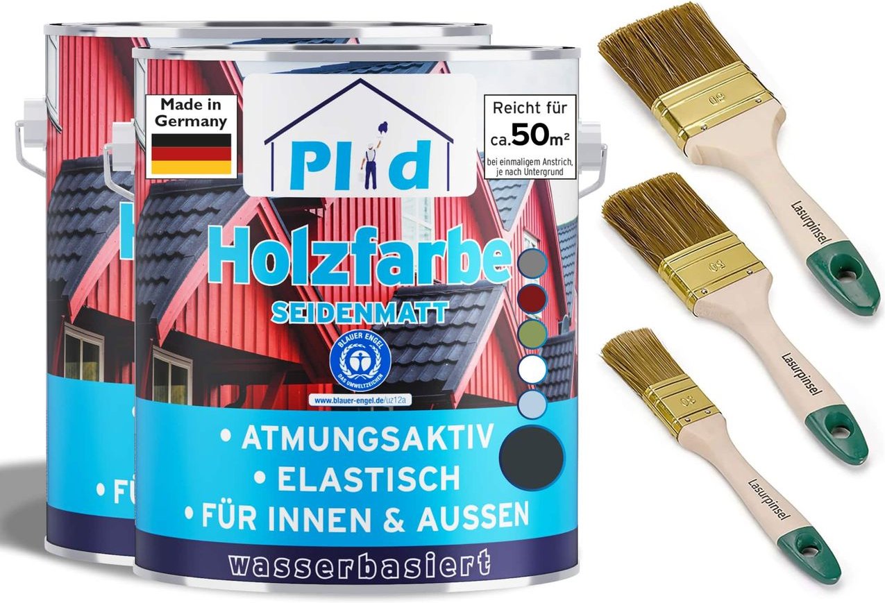 Holzfarbe 5l Anthrazitgrau - für ca. 50m² + Pinselset 3-tlg. / Holzlack Schutz