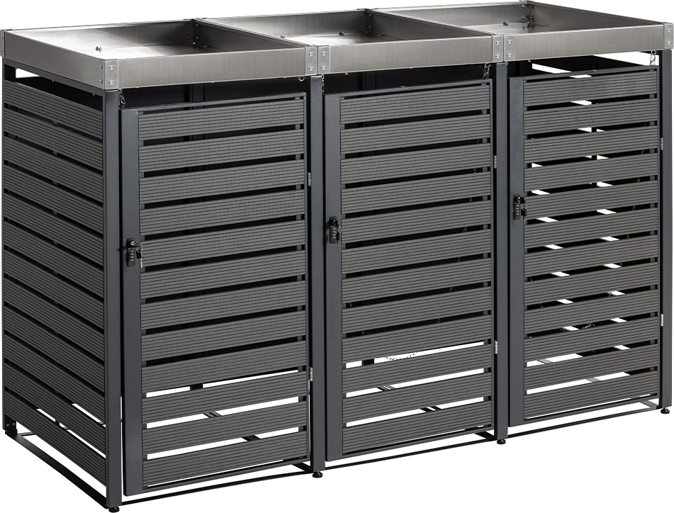 3er Mülltonnenverkleidung mit Pflanzdach aus Edelstahl, ca. 196 x 80 x 124 cm - Anthrazit