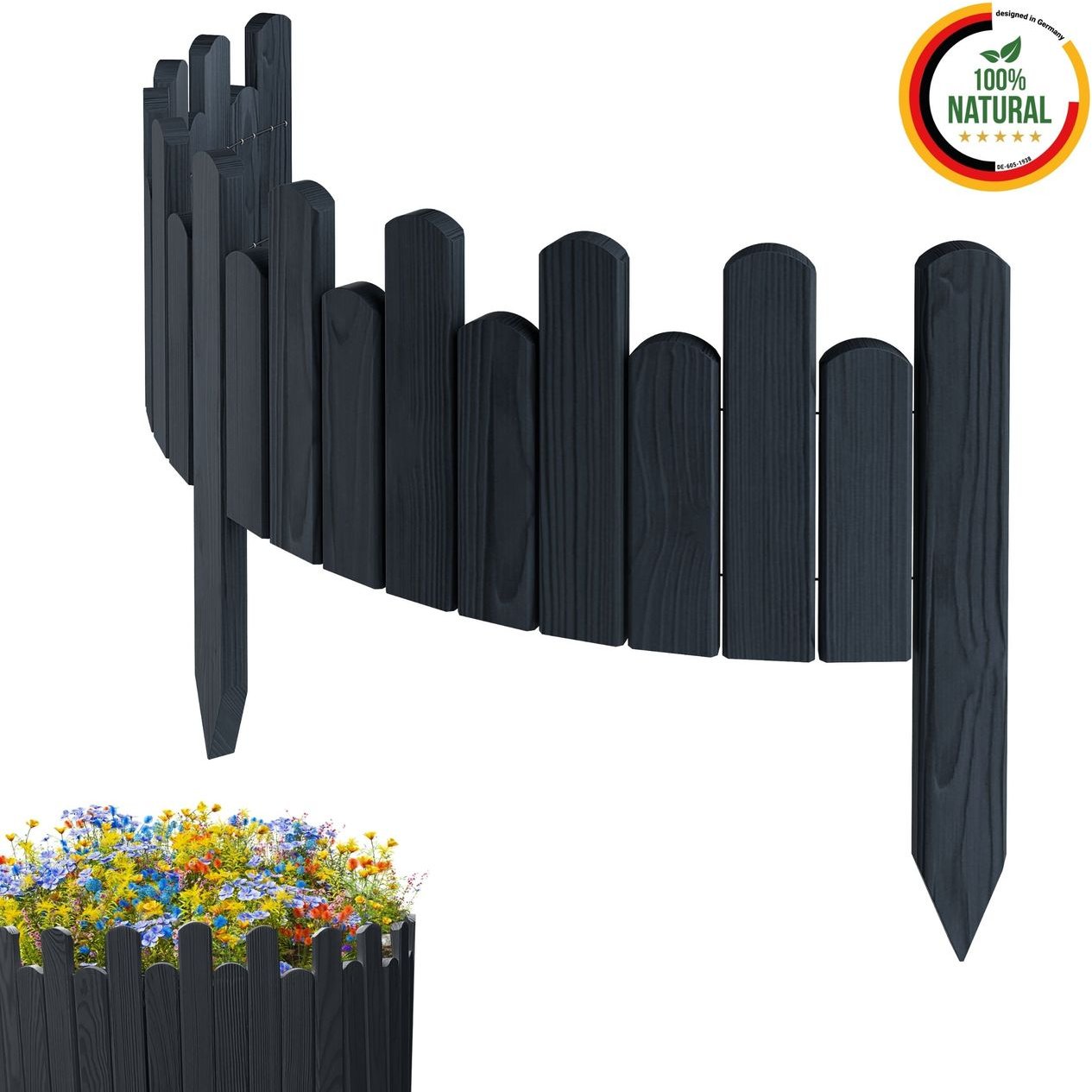 Beeteinfassung Rasenkante 100 cm lang Flexibler Gartenzaun Rollzaun Steckzaun Höhe 20cm Anthracit