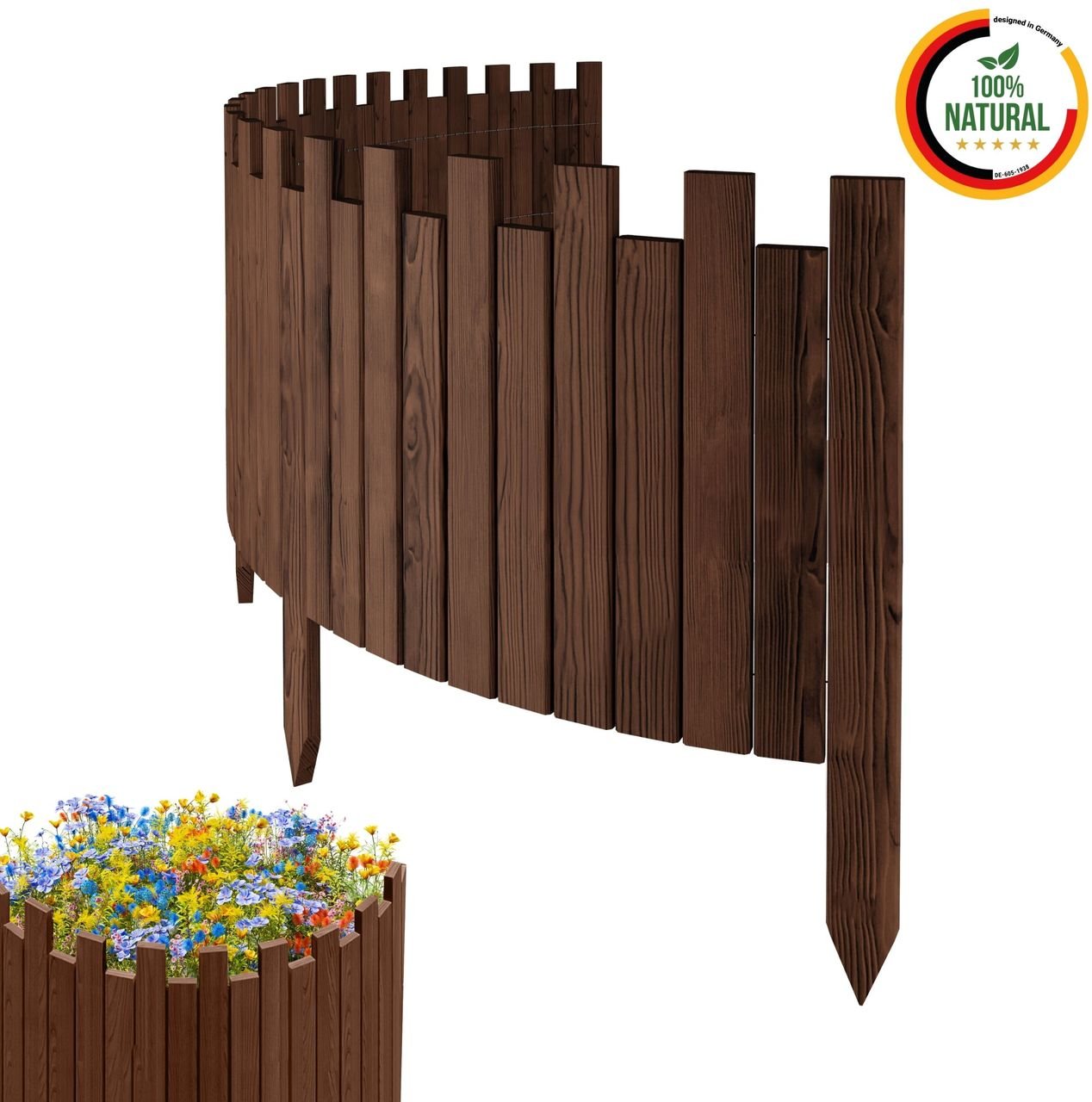 Beeteinfassung 200 x 40 cm Braun Holz Rollzaun Holzzaun Rasenkante Palisade Beetumrandung