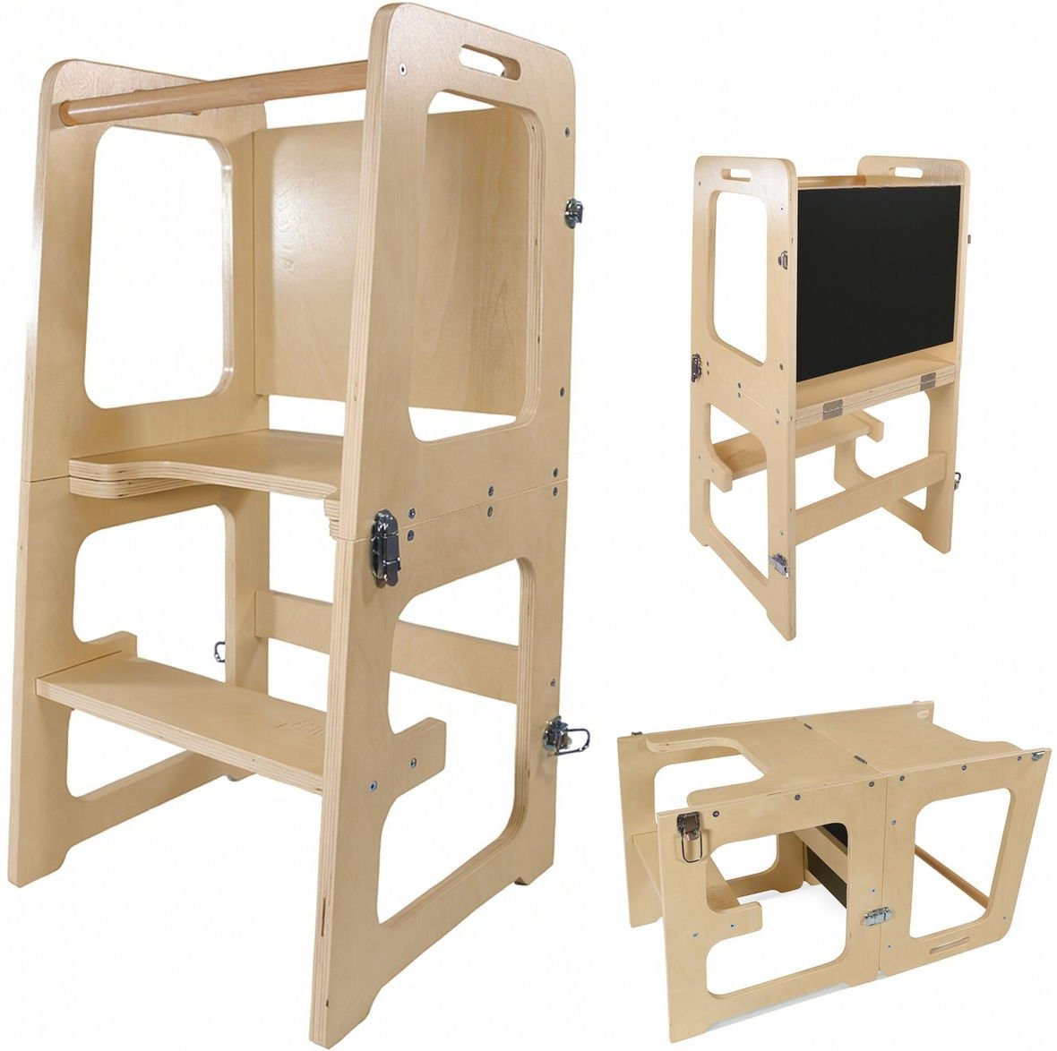 3in1 Lernturm aus Birke mit Maltafel, Tisch und Stuhl für Kinder, natur