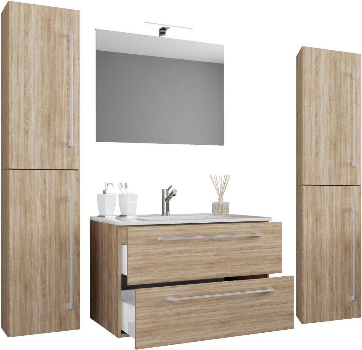 5-tlg. Waschplatz "Badinos 2 Schubfächer" 60 cm | Mit Spiegel + Hochschränke Sonoma-Eiche