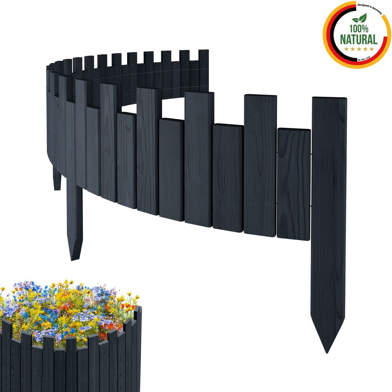 Beeteinfassung 200 x 20 cm Anthracit Holz Rollzaun Holzzaun Rasenkante Palisade Beetumrandung