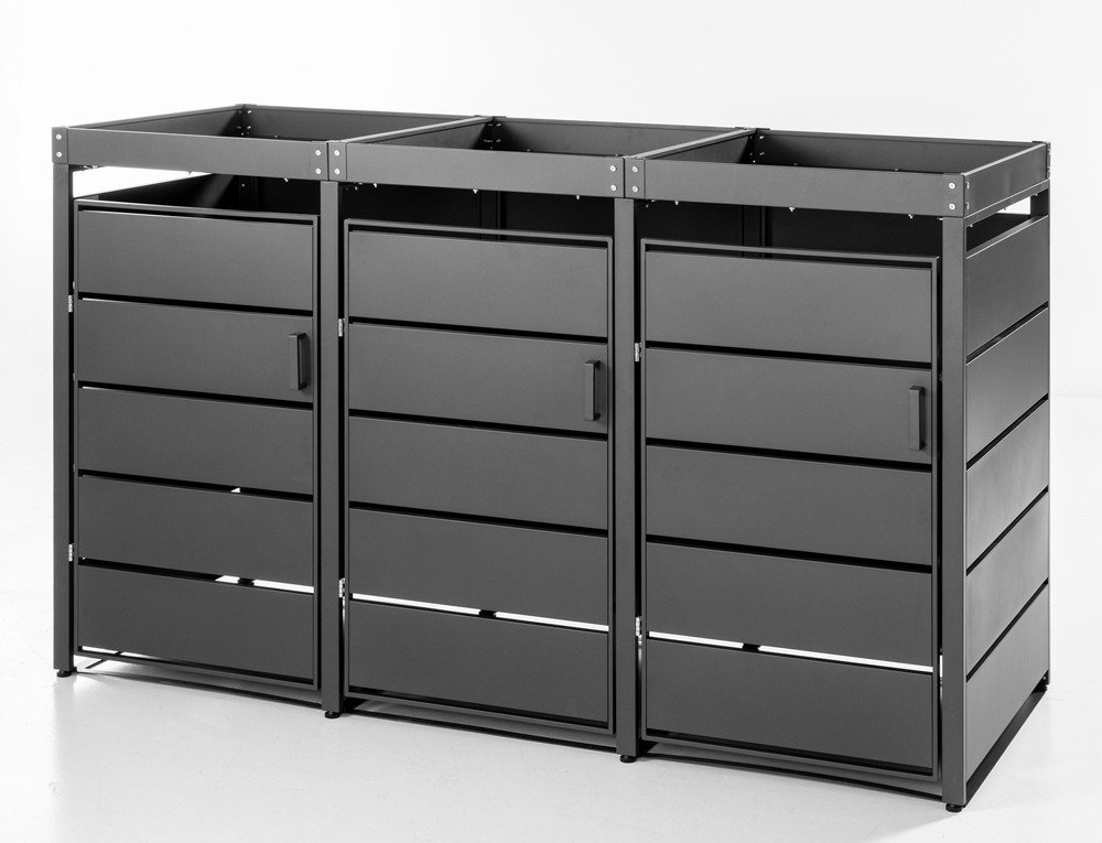 3er Mülltonnenverkleidung mit Pflanzdach aus Edelstahl, ca. 196 x 80 x 124 cm - Anthrazit